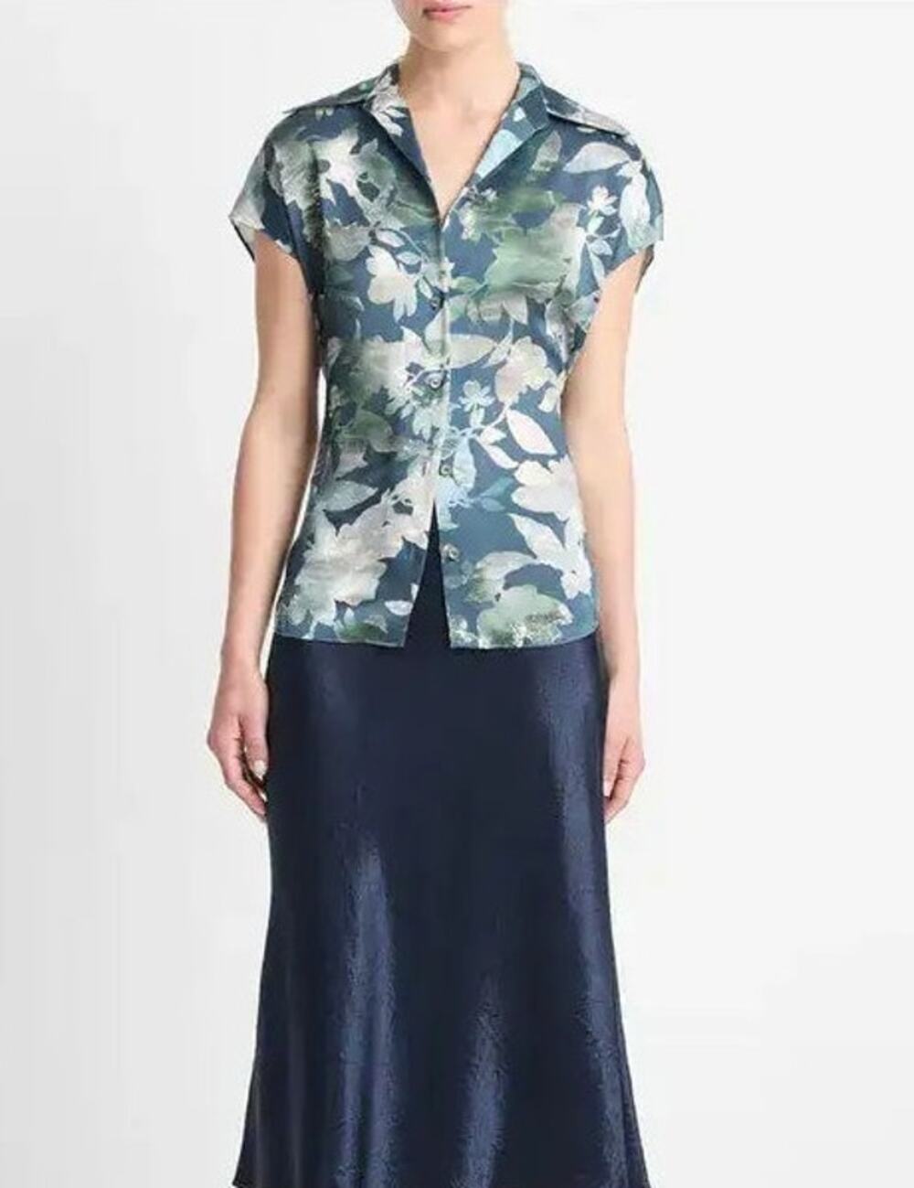 Vince Shimmer Lake Silk Floral Blouse | Cap Sleeve Button Front | XS